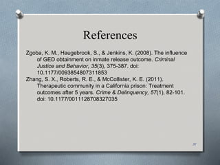 References
31
Zgoba, K. M., Haugebrook, S., & Jenkins, K. (2008). The influence
of GED obtainment on inmate release outcome. Criminal
Justice and Behavior, 35(3), 375-387. doi:
10.1177/0093854807311853
Zhang, S. X., Roberts, R. E., & McCollister, K. E. (2011).
Therapeutic community in a California prison: Treatment
outcomes after 5 years. Crime & Delinquency, 57(1), 82-101.
doi: 10.1177/0011128708327035
 