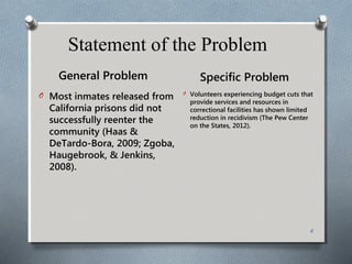 General Problem
O Most inmates released from
California prisons did not
successfully reenter the
community (Haas &
DeTardo-Bora, 2009; Zgoba,
Haugebrook, & Jenkins,
2008).
O Volunteers experiencing budget cuts that
provide services and resources in
correctional facilities has shown limited
reduction in recidivism (The Pew Center
on the States, 2012).
Specific Problem
Statement of the Problem
6
 