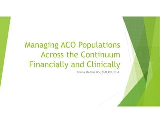 Managing ACO PopulationsManaging ACO Populations
Across the Continuum
Fi i ll d Cli i llFinancially and Clinically
Donna Medina MS, BSN,RN, CHA.
 