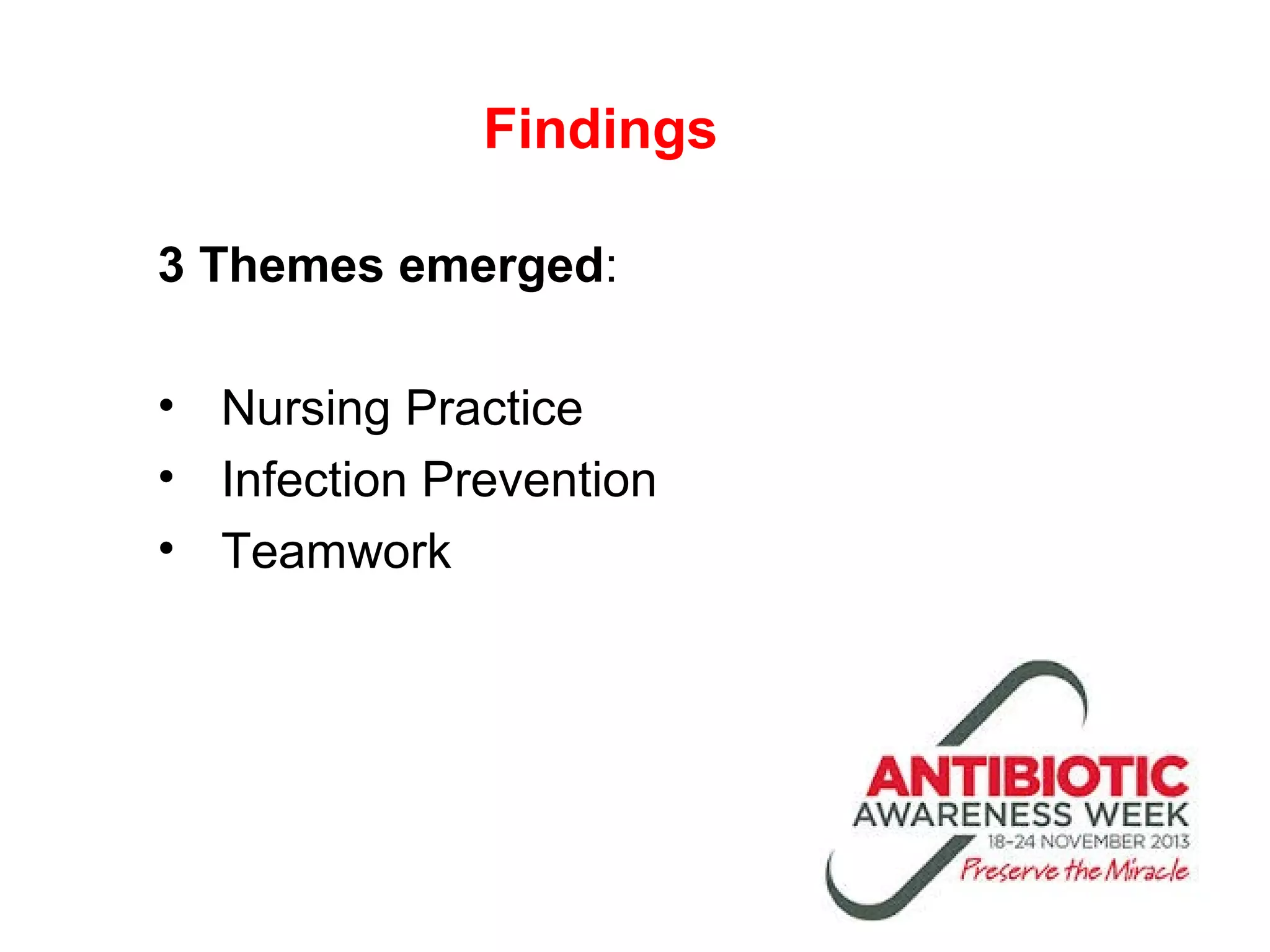 Findings
3 Themes emerged:
• Nursing Practice
• Infection Prevention
• Teamwork

 