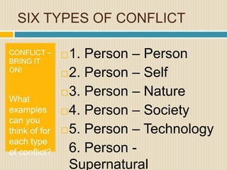 SIX TYPES OF CONFLICT
1. Person – Person
2. Person – Self
3. Person – Nature
4. Person – Society
5. Person – Technology
6. Person -
Supernatural
CONFLICT –
BRING IT
ON!
What
examples
can you
think of for
each type
of conflict?
 