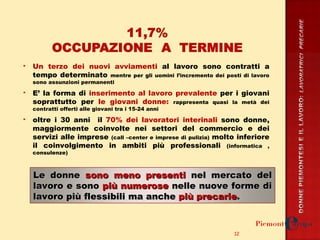 Un terzo dei nuovi avviamenti  al lavoro sono contratti a tempo determinato  mentre per gli uomini l’incremento dei posti di lavoro sono assunzioni permanenti  E’ la forma di  inserimento al lavoro prevalente  per i giovani soprattutto per  le giovani donne:   rappresenta quasi la metà dei contratti offerti alle giovani tra i 15-24 anni  oltre i 30 anni  il  70% dei lavoratori interinali  sono donne, maggiormente coinvolte nei settori del commercio e dei servizi alle imprese  (call –center e imprese di pulizia)   molto inferiore il coinvolgimento in ambiti più professionali  (informatica , consulenze) Le donne  sono meno presenti  nel mercato del lavoro e sono  più numerose  nelle nuove forme di lavoro più flessibili ma anche  più precarie .  