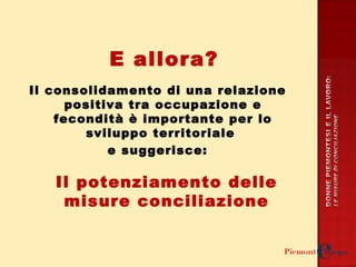 E allora? Il consolidamento di una relazione positiva tra occupazione e fecondità è importante per lo sviluppo territoriale  e suggerisce: Il potenziamento delle misure conciliazione 