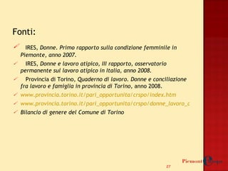 Fonti: IRES,  Donne. Primo rapporto sulla condizione femminile in Piemonte, anno 2007. IRES,  Donne e lavoro atipico, III rapporto, osservatorio permanente sul lavoro atipico in Italia, anno 2008.  Provincia di Torino,  Quaderno di lavoro. Donne e conciliazione fra lavoro e famiglia in provincia di Torino,  anno 2008. www.provincia.torino.it/pari_opportunita/crspo/index.htm www.provincia.torino.it/pari_opportunita/crspo/donne_lavoro_conciliazione.htm Bilancio di genere del Comune di Torino 
