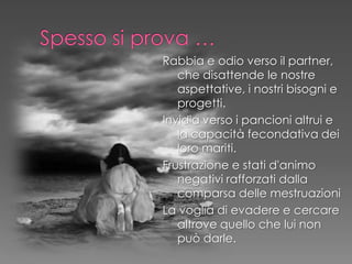 Rabbia e odio verso il partner,
che disattende le nostre
aspettative, i nostri bisogni e
progetti.
Invidia verso i pancioni altrui e
la capacità fecondativa dei
loro mariti.
Frustrazione e stati d'animo
negativi rafforzati dalla
comparsa delle mestruazioni
La voglia di evadere e cercare
altrove quello che lui non
può darle.
 