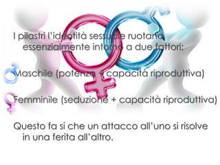 I pilastri l’identità sessuale ruotano
essenzialmente intorno a due fattori:
Maschile (potenza + capacità riproduttiva)
Femminile (seduzione + capacità riproduttiva)
Questo fa si che un attacco all’uno si risolve
in una ferita all’altro.
 