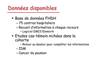 Données disponibles
Base de données FHDH
– 75 centres hospitaliers
– Recueil d’information à chaque recours
• Logiciel DMI2/Domevih

Etudes cas-témoin nichées dans la
cohorte
• Retour au dossier pour compléter les informations

– IDM
– Cancer du poumon

 