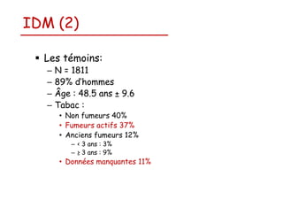 IDM (2)
Les témoins:
–
–
–
–

N = 1811
89% d’hommes
Âge : 48.5 ans ± 9.6
Tabac :
• Non fumeurs 40%
• Fumeurs actifs 37%
• Anciens fumeurs 12%
– < 3 ans : 3%
– ≥ 3 ans : 9%

• Données manquantes 11%

 