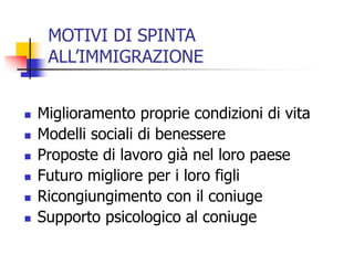 MOTIVI DI SPINTA
ALL’IMMIGRAZIONE







Miglioramento proprie condizioni di vita
Modelli sociali di benessere
Proposte di lavoro già nel loro paese
Futuro migliore per i loro figli
Ricongiungimento con il coniuge
Supporto psicologico al coniuge

 