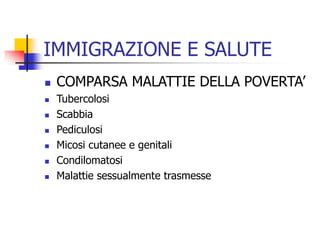 IMMIGRAZIONE E SALUTE








COMPARSA MALATTIE DELLA POVERTA’
Tubercolosi
Scabbia
Pediculosi
Micosi cutanee e genitali
Condilomatosi
Malattie sessualmente trasmesse

 