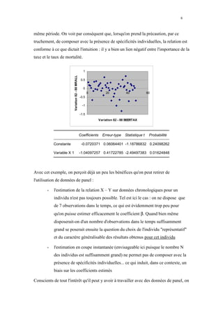 6



même période. On voit par conséquent que, lorsqu'on prend la précaution, par ce
truchement, de composer avec la présence de spécificités individuelles, la relation est
conforme à ce que dictait l'intuition : il y a bien un lien négatif entre l'importance de la
taxe et le taux de mortalité.


                                                      1
                          Variation 82 - 88 MRALL
                                                     0.5

                                                      0
                                                           0           20           40              60
                                                    -0.5

                                                      -1

                                                    -1.5
                                                                   Variation 82 - 88 BEERTAX



                                                    Coefficients     Erreur-type    Statistique t    Probabilité

           Constante                                 -0.0720371 0.06064401 -1.18786832 0.24098262

           Variable X 1                             -1.04097257 0.41722785 -2.49497383 0.01624848




Avec cet exemple, on perçoit déjà un peu les bénéfices qu'on peut retirer de
l'utilisation de données de panel :

       -   l'estimation de la relation X – Y sur données chronologiques pour un
           individu n'est pas toujours possible. Tel est ici le cas : on ne dispose que
           de 7 observations dans le temps, ce qui est évidemment trop peu pour
           qu'on puisse estimer efficacement le coefficient β. Quand bien même
           disposerait-on d'un nombre d'observations dans le temps suffisamment
           grand se poserait ensuite la question du choix de l'individu "représentatif"
           et du caractère généralisable des résultats obtenus pour cet individu

       -   l'estimation en coupe instantanée (envisageable ici puisque le nombre N
           des individus est suffisamment grand) ne permet pas de composer avec la
           présence de spécificités individuelles... ce qui induit, dans ce contexte, un
           biais sur les coefficients estimés

Conscients de tout l'intérêt qu'il peut y avoir à travailler avec des données de panel, on
 