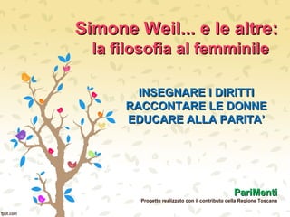 Simone Weil... e le altre:Simone Weil... e le altre:
la filosofia al femminilela filosofia al femminile
PariMentiPariMenti
Progetto realizzato con il contributo della Regione Toscana
INSEGNARE I DIRITTIINSEGNARE I DIRITTI
RACCONTARE LE DONNERACCONTARE LE DONNE
EDUCARE ALLA PARITA’EDUCARE ALLA PARITA’
 