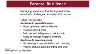 Parental Resilience
2) Create an empowering
point of view- aim for
“optimistic realism”
3) Focus energy and efforts
on what you can
control and influence
4) Reconnect to your
sense of purpose.
45
 
