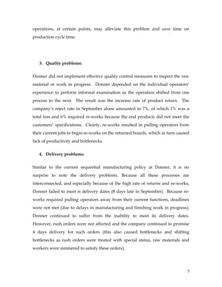 operations, at certain points, may alleviate this problem and save time on
production cycle time.
3. Quality problems:
Donner did not implement effective quality control measures to inspect the raw
material or work in progress. Donner depended on the individual operators’
experience to perform informal examination as the operation shifted from one
process to the next. The result was the increase rate of product return. The
company’s reject rate in September alone amounted to 7%, of which 1% was a
total loss and 6% required re-works because the end products did not meet the
customers’ specifications. Clearly, re-works resulted in pulling operators from
their current jobs to begin re-works on the returned boards, which in turn caused
lack of productivity and bottlenecks.
4. Delivery problems:
Similar to the current sequential manufacturing policy at Donner, it is no
surprise to note the delivery problems. Because all these processes are
interconnected, and especially because of the high rate of returns and re-works,
Donner failed to meet is delivery dates (8 days late in September). Because re-
works required pulling operators away from their current functions, deadlines
were not met (due to delays in manufacturing and finishing work in progress);
Donner continued to suffer from the inability to meet its delivery dates.
However, rush orders were not affected and the company continued to promise
4 days delivery for such orders (this also caused bottlenecks and shifting
bottlenecks as rush orders were treated with special status, raw materials and
workers were simmered to satisfy these orders).
7
 