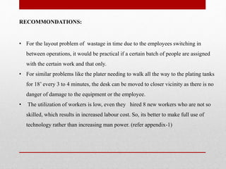 RECOMMONDATIONS:
• For the layout problem of wastage in time due to the employees switching in
between operations, it would be practical if a certain batch of people are assigned
with the certain work and that only.
• For similar problems like the plater needing to walk all the way to the plating tanks
for 18’ every 3 to 4 minutes, the desk can be moved to closer vicinity as there is no
danger of damage to the equipment or the employee.
• The utilization of workers is low, even they hired 8 new workers who are not so
skilled, which results in increased labour cost. So, its better to make full use of
technology rather than increasing man power. (refer appendix-1)
 