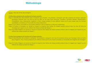 Source : Sites des Drives des enseignes
L’indice inter-enseignes est constitué de la façon suivante :
Etape 1) Identification des produits eans à comparer par semaine : les produits à comparer sont des produits de marque nationale
identiques présents avec une DN de plus de 50% sur les sites Drive d’Auchan, Carrefour, Carrefour Market, Géant/Casino,
Chronodrive, Cora, Intermarché, Système U. Pour chaque produit, le prix référent retenu est le prix moyen avec les remises
immédiates constatées sur l’ensemble des drives détenteurs.
Etape 2 ) Les valeurs anormales en prix (indice inférieur à 50 ou supérieur à 150) sont supprimées
Etape 3) L’indice à l’enseigne est calculé en faisant la moyenne des indices de chaque produit présent dans les sites de drive de
l’enseigne par rapport au prix référent de chaque produit de l’étape 1
Etape 4) L’indice Magasin est calculé en faisant la moyenne des indices de chaque produit présent dans le magasin par rapport au prix
référent de chaque produit de l’étape 1
L’indice intra-enseignes est constitué de la façon suivante :
Etape 1) Identification des produits à comparer : les produits à comparer sont tous les produits vendus par l’enseigne dans au moins
deux magasins. Pour chaque produit le prix référent retenu est le prix moyen constaté sur l’ensemble des magasins de l’enseigne
Etape 2) L’indice Magasin est calculé en faisant la moyenne des indices de chaque produit présent dans le magasin par rapport au prix
référent de chaque produit de l’étape 1
Méthodologie
 