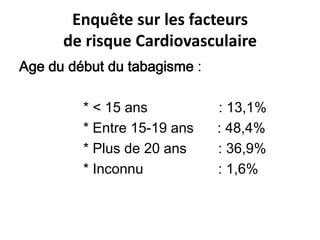 Enquête sur les facteurs
de risque Cardiovasculaire
Age du début du tabagisme :
* < 15 ans
* Entre 15-19 ans
* Plus de 20 ans
* Inconnu

: 13,1%
: 48,4%
: 36,9%
: 1,6%

 