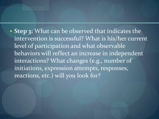  Step 3: What can be observed that indicates the

intervention is successful? What is his/her current
level of participation and what observable
behaviors will reflect an increase in independent
interactions? What changes (e.g., number of
initiations, expression attempts, responses,
reactions, etc.) will you look for?

 