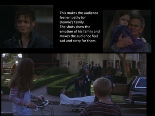This makes the audience
feel empathy for
Donnie’s family.
The shots show the
emotion of his family and
makes the audience feel
sad and sorry for them.
 