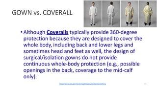 GOWN vs. COVERALL
23
•Although Coveralls typically provide 360-degree
protection because they are designed to cover the
whole body, including back and lower legs and
sometimes head and feet as well, the design of
surgical/isolation gowns do not provide
continuous whole-body protection (e.g., possible
openings in the back, coverage to the mid-calf
only).
http://www.cdc.gov/niosh/npptl/topics/protectiveclothing
 