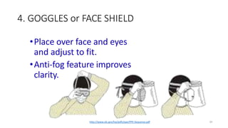 4. GOGGLES or FACE SHIELD
34
•Place over face and eyes
and adjust to fit.
•Anti-fog feature improves
clarity.
http://www.cdc.gov/hai/pdfs/ppe/PPE-Sequence.pdf
 