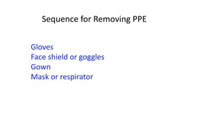 Sequence for Removing PPE
Gloves
Face shield or goggles
Gown
Mask or respirator
 