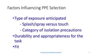 Factors Influencing PPE Selection
•Type of exposure anticipated
- Splash/spray versus touch
- Category of isolation precautions
•Durability and appropriateness for the
task
•Fit
http://www.cdc.gov/HAI/prevent/ppe.html 5
 