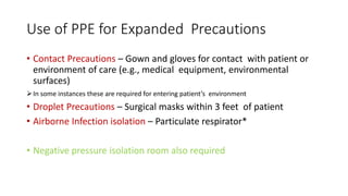 Use of PPE for Expanded Precautions
• Contact Precautions – Gown and gloves for contact with patient or
environment of care (e.g., medical equipment, environmental
surfaces)
In some instances these are required for entering patient’s environment
• Droplet Precautions – Surgical masks within 3 feet of patient
• Airborne Infection isolation – Particulate respirator*
• Negative pressure isolation room also required
 