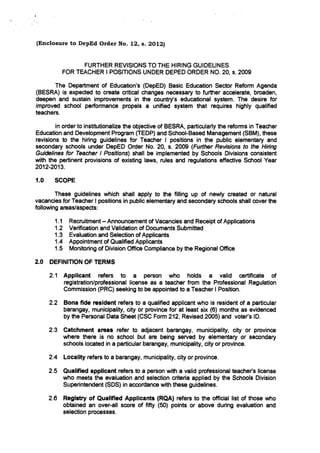 Do no. 12, s. 2012 revised guideline on hiring of teacher
