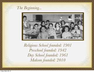 The Beginning...
Religious School founded: 1901
Preschool founded: 1942
Day School founded: 1961
Makom founded: 2010
Friday, March 28, 14
 