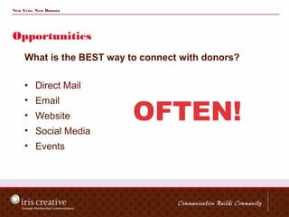 New Year, New Donors




Opportunities
     What is the BEST way to connect with donors?

     • Direct Mail


                           OFTEN!
     • Email
     • Website
     • Social Media
     • Events
 