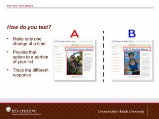 New Year, New Donors




How do you test?

•   Make only one
    change at a time
•   Provide that
    option to a portion
    of your list
•   Track the different
    response
 