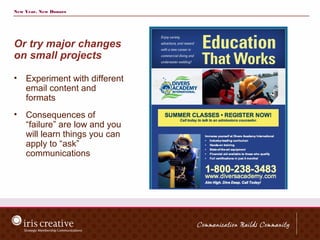 New Year, New Donors




Or try major changes
on small projects

•   Experiment with different
    email content and
    formats
•   Consequences of
    “failure” are low and you
    will learn things you can
    apply to “ask”
    communications
 