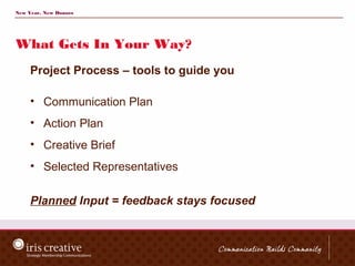 New Year, New Donors




What Gets In Your Way?
     Project Process – tools to guide you

     • Communication Plan
     • Action Plan
     • Creative Brief
     • Selected Representatives

     Planned Input = feedback stays focused
 