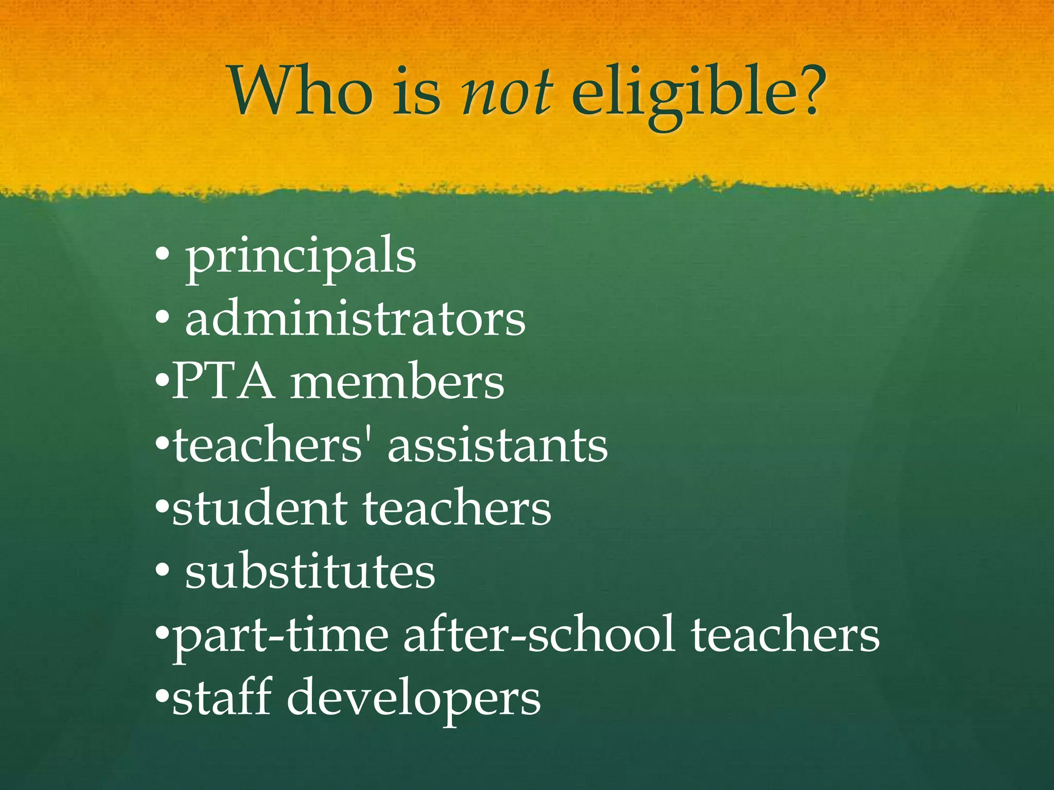  work full time in a public school   in the United States be a teacher, librarian, guidance   counselor, nurse, or a full time   teacher who also acts as a coach