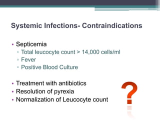 Systemic Infections- Contraindications
• Septicemia
▫ Total leucocyte count > 14,000 cells/ml
▫ Fever
▫ Positive Blood Culture
• Treatment with antibiotics
• Resolution of pyrexia
• Normalization of Leucocyte count
 