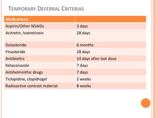 TEMPORARY DEFERRAL CRITERIAS
Medications
Aspirin/Other NSAIDs 3 days
Acitretin, Isotretinoin 28 days
Dutasteride 6 months
Finasteride 28 days
Antibiotics 14 days after last dose
Ketaconazole 7 days
Antihelminthic drugs 7 days
Ticlopidine, clopidrogel 2 weeks
Radioactive contrast material 8 weeks
 