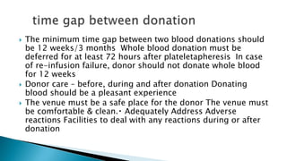  The minimum time gap between two blood donations should
be 12 weeks/3 months Whole blood donation must be
deferred for at least 72 hours after plateletapheresis In case
of re-infusion failure, donor should not donate whole blood
for 12 weeks
 Donor care – before, during and after donation Donating
blood should be a pleasant experience
 The venue must be a safe place for the donor The venue must
be comfortable & clean. Adequately Address Adverse
reactions Facilities to deal with any reactions during or after
donation
 