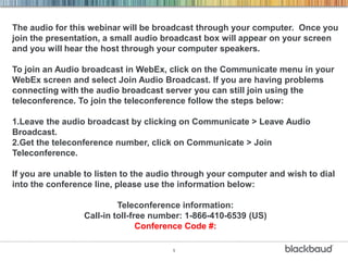 1
The audio for this webinar will be broadcast through your computer. Once you
join the presentation, a small audio broadcast box will appear on your screen
and you will hear the host through your computer speakers.
To join an Audio broadcast in WebEx, click on the Communicate menu in your
WebEx screen and select Join Audio Broadcast. If you are having problems
connecting with the audio broadcast server you can still join using the
teleconference. To join the teleconference follow the steps below:
1.Leave the audio broadcast by clicking on Communicate > Leave Audio
Broadcast.
2.Get the teleconference number, click on Communicate > Join
Teleconference.
If you are unable to listen to the audio through your computer and wish to dial
into the conference line, please use the information below:
Teleconference information:
Call-in toll-free number: 1-866-410-6539 (US)
Conference Code #:
 