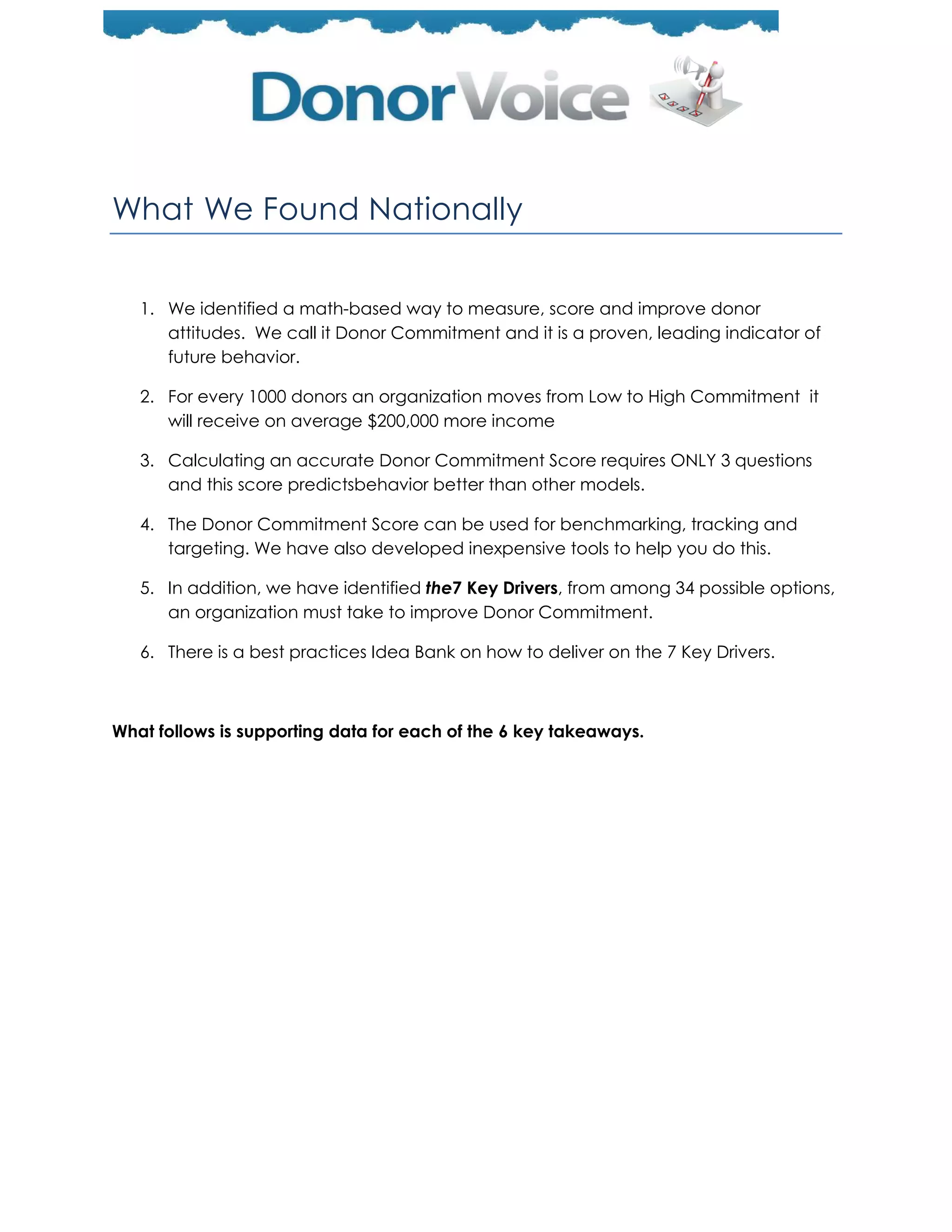 What We Found Nationally


   1. We identified a math-based way to measure, score and improve donor
      attitudes. We call it Donor Commitment and it is a proven, leading indicator of
      future behavior.

   2. For every 1000 donors an organization moves from Low to High Commitment it
      will receive on average $200,000 more income

   3. Calculating an accurate Donor Commitment Score requires ONLY 3 questions
      and this score predictsbehavior better than other models.

   4. The Donor Commitment Score can be used for benchmarking, tracking and
      targeting. We have also developed inexpensive tools to help you do this.

   5. In addition, we have identified the7 Key Drivers, from among 34 possible options,
      an organization must take to improve Donor Commitment.

   6. There is a best practices Idea Bank on how to deliver on the 7 Key Drivers.



What follows is supporting data for each of the 6 key takeaways.
 