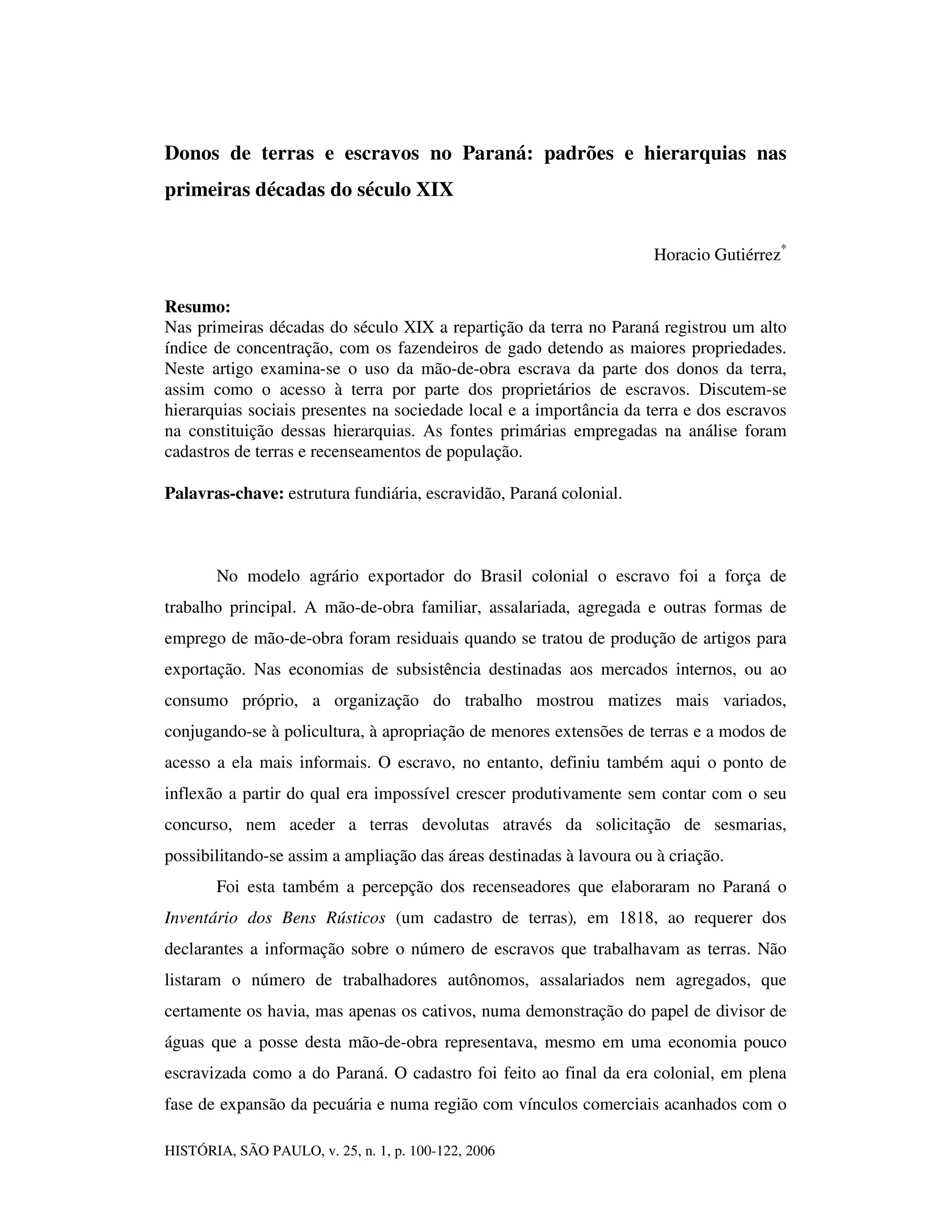 Donos De Terras E Escravos No Paraná