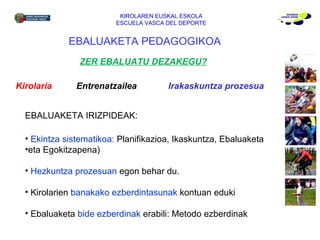 ZER EBALUATU DEZAKEGU? Kirolaria   Entrenatzailea    Irakaskuntza prozesua KIROLAREN EUSKAL ESKOLA ESCUELA VASCA DEL DEPORTE EBALUAKETA PEDAGOGIKOA EBALUAKETA IRIZPIDEAK: Ekintza sistematikoa:  Planifikazioa, Ikaskuntza, Ebaluaketa  eta Egokitzapena) Hezkuntza prozesuan  egon behar du. Kirolarien  banakako ezberdintasunak  kontuan eduki Ebaluaketa  bide ezberdinak  erabili: Metodo ezberdinak 