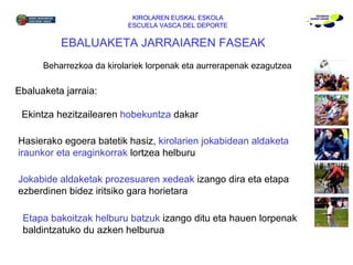 KIROLAREN EUSKAL ESKOLA ESCUELA VASCA DEL DEPORTE Jokabide aldaketak prozesuaren xedeak  izango dira eta etapa ezberdinen bidez iritsiko gara horietara EBALUAKETA JARRAIAREN FASEAK Beharrezkoa da kirolariek lorpenak eta aurrerapenak ezagutzea Ebaluaketa jarraia:  Etapa bakoitzak helburu batzuk  izango ditu eta hauen lorpenak baldintzatuko du azken helburua Ekintza hezitzailearen  hobekuntza  dakar Hasierako egoera batetik hasiz,  kirolarien jokabidean aldaketa iraunkor eta eraginkorrak  lortzea helburu 