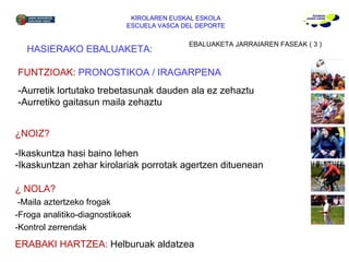 KIROLAREN EUSKAL ESKOLA ESCUELA VASCA DEL DEPORTE EBALUAKETA JARRAIAREN FASEAK ( 3 ) HASIERAKO EBALUAKETA: FUNTZIOAK:  PRONOSTIKOA / IRAGARPENA -Aurretik lortutako trebetasunak dauden ala ez zehaztu -Aurretiko gaitasun maila zehaztu ¿NOIZ? -Ikaskuntza hasi baino lehen -Ikaskuntzan zehar kirolariak porrotak agertzen dituenean ¿ NOLA? -Maila aztertzeko frogak -Froga analitiko-diagnostikoak -Kontrol zerrendak ERABAKI HARTZEA:  Helburuak aldatzea   