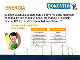 ENERGIA
Jakingo al zenuke esaten, hatz bakarra mugituz, egunean
zenbat aldiz pizten duzun argia, ordenagailua, telebista,
bideoa, DVDa, musika ekipoa, bideokontsola…?
Energia modu ezberdinez
lortu daiteke:
Iturri berriztagarriak

Iturri berriztaezinak

Eguzki-energia

Ikatza

Energia hidraulikoa

Petrolioa

Energia eolikoa

Gas naturala

Biomasaren energia

Uranioa

Energi geotermikoa
Itsas energia

 