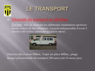 LE BUDGET TOTALLE PROGRAMME SPORTIFUn groupe constitué de 16 joueurs accompagné de  2 adultesDimanche 3 Juillet. Arrivée à San Sébastian. Documentation et des accréditations Lundi 4 Juillet. Matchs de la 1ère phase. Cérémonie d'inaugurationMardi 5 Juillet. Matchs de la 1ère phaseMercredi 6 Juillet. Matchs de la 1ère phaseJeudi 7 Juillet. Matchs de la phase finale (éliminatoires). Match des délégués. Paella Géante . Donosti Cup Disco (Patinoire)Vendredi 8 Juillet. Matchs de la phase finale B10, B12, B13, B14, G12, G14, G16 et G. Finales de la Série de Consolation de football à-11. Dîner de clôture. Fête des déléguésSamedi 9 Juillet. Finales de consolation football à-8. Finales de la phase finales B15, B16, G18 et B19. Adieu aux équipes participantes