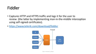 Fiddler
• Captures HTTP and HTTPS traffic and logs it for the user to
review (the latter by implementing man-in-the-middle interception
using self-signed certificates).
• https://www.telerik.com/download/fiddler
Don't reinvent a wheel
 