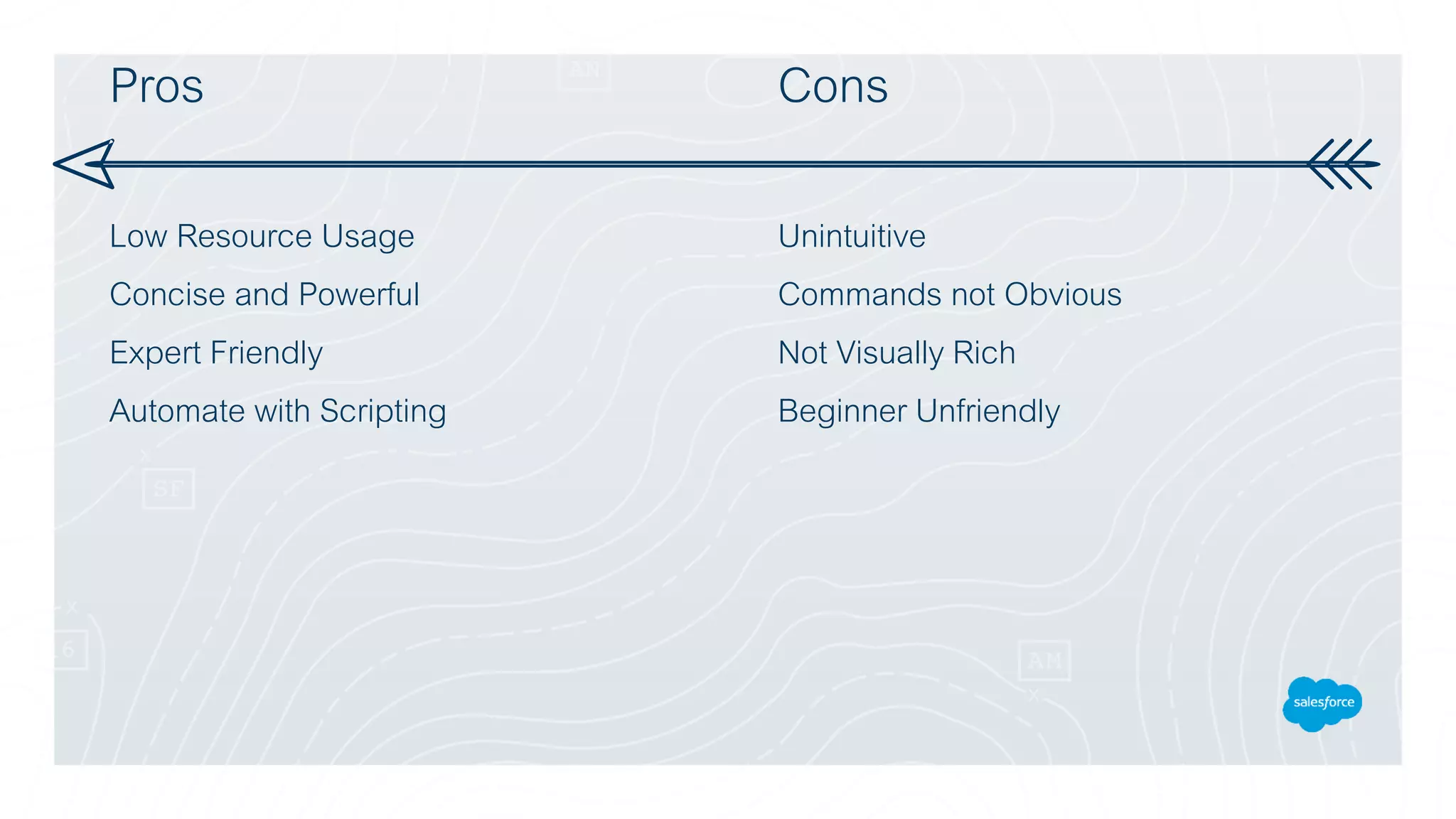 Pros
Low Resource Usage
Concise and Powerful
Expert Friendly
Automate with Scripting
Cons
Unintuitive
Commands not Obvious
Not Visually Rich
Beginner Unfriendly
 