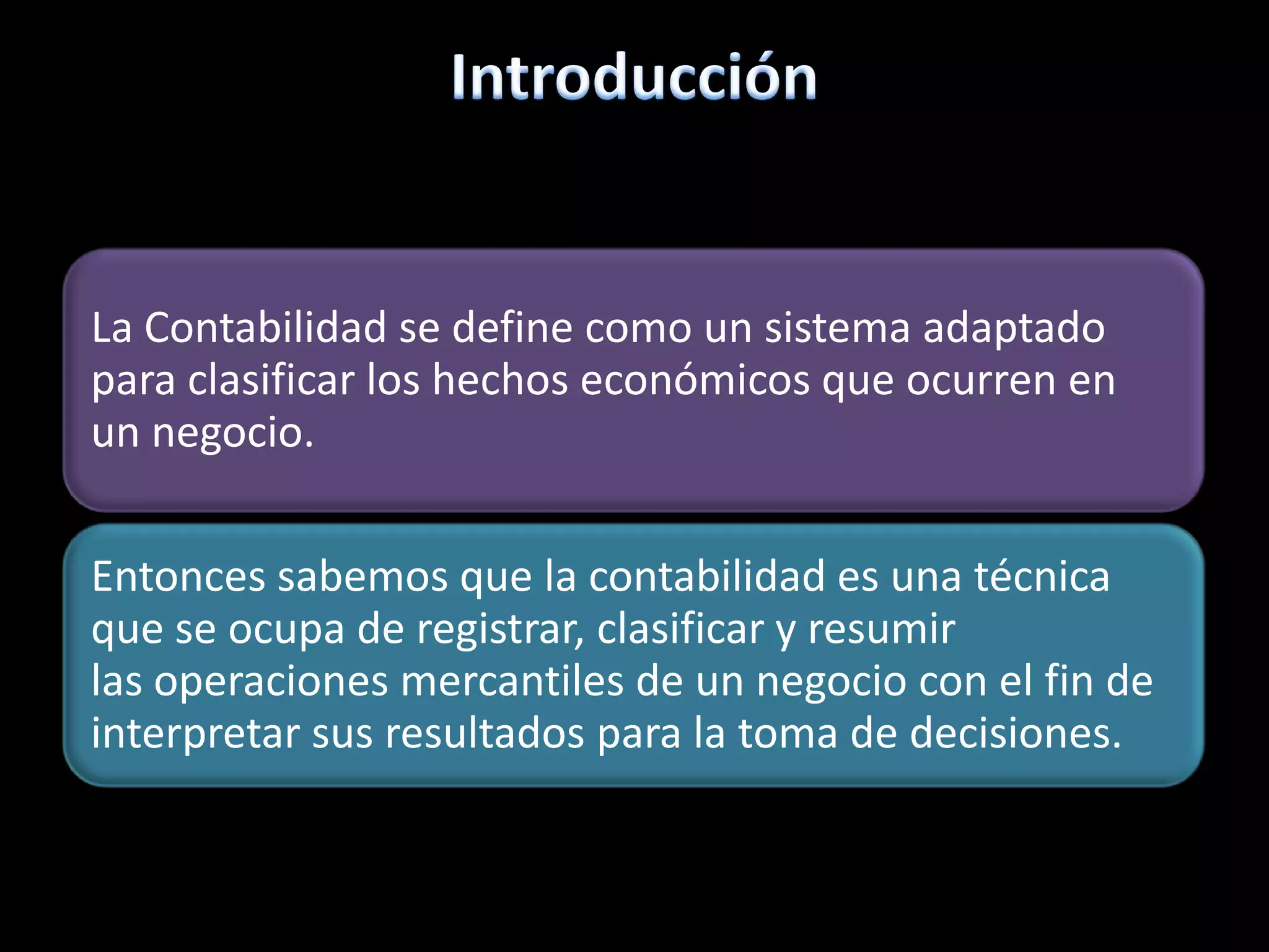 La Contabilidad se define como un sistema adaptado
para clasificar los hechos económicos que ocurren en
un negocio.
Entonces sabemos que la contabilidad es una técnica
que se ocupa de registrar, clasificar y resumir
las operaciones mercantiles de un negocio con el fin de
interpretar sus resultados para la toma de decisiones.

 