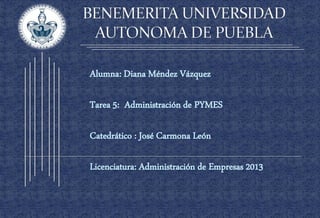 Alumna: Diana Méndez Vázquez 
Tarea 5: Administración de PYMES 
Catedrático : José Carmona León 
Licenciatura: Administración de Empresas 2013  